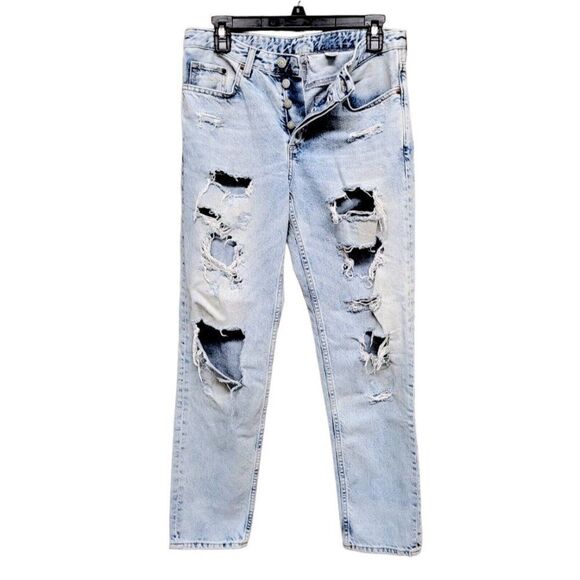 & Denim H&M Boyfriend Low Waist Ripped Jeans Blue Button Fly Size‎ 25 Distressed - Picture 1 of 15